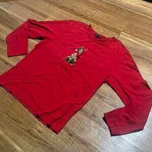 Red long sleeve Reindeer Christmas shirt with embroidered reindeer